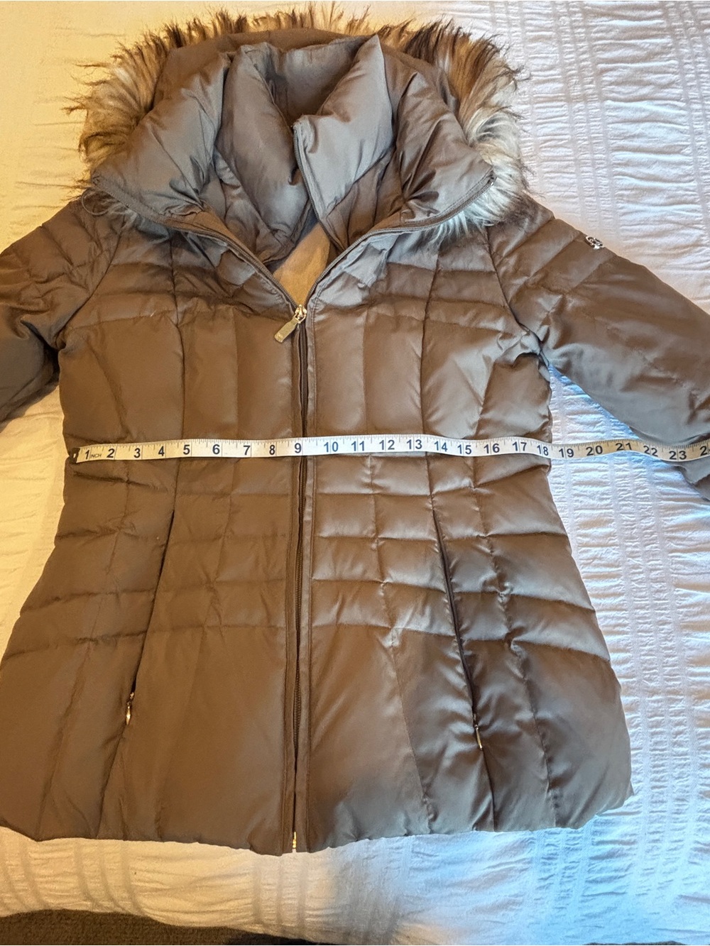Calvin Klein Taupe Puffer Coat with Faux-Fur Trimmed Hood - Picture 7 of 7